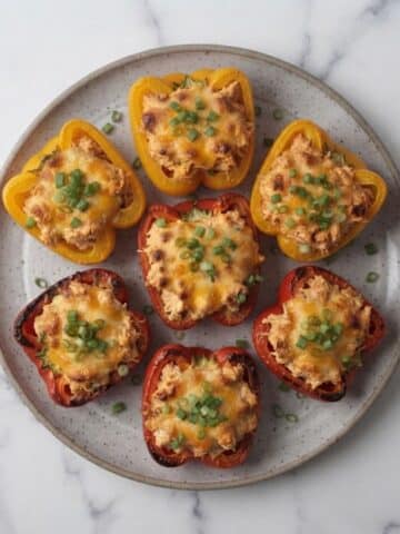 An overhead top-down view of Buffalo Chicken Stuffed Peppers placed on a grey ceramic plate with green onions sprinkled on top of them.
