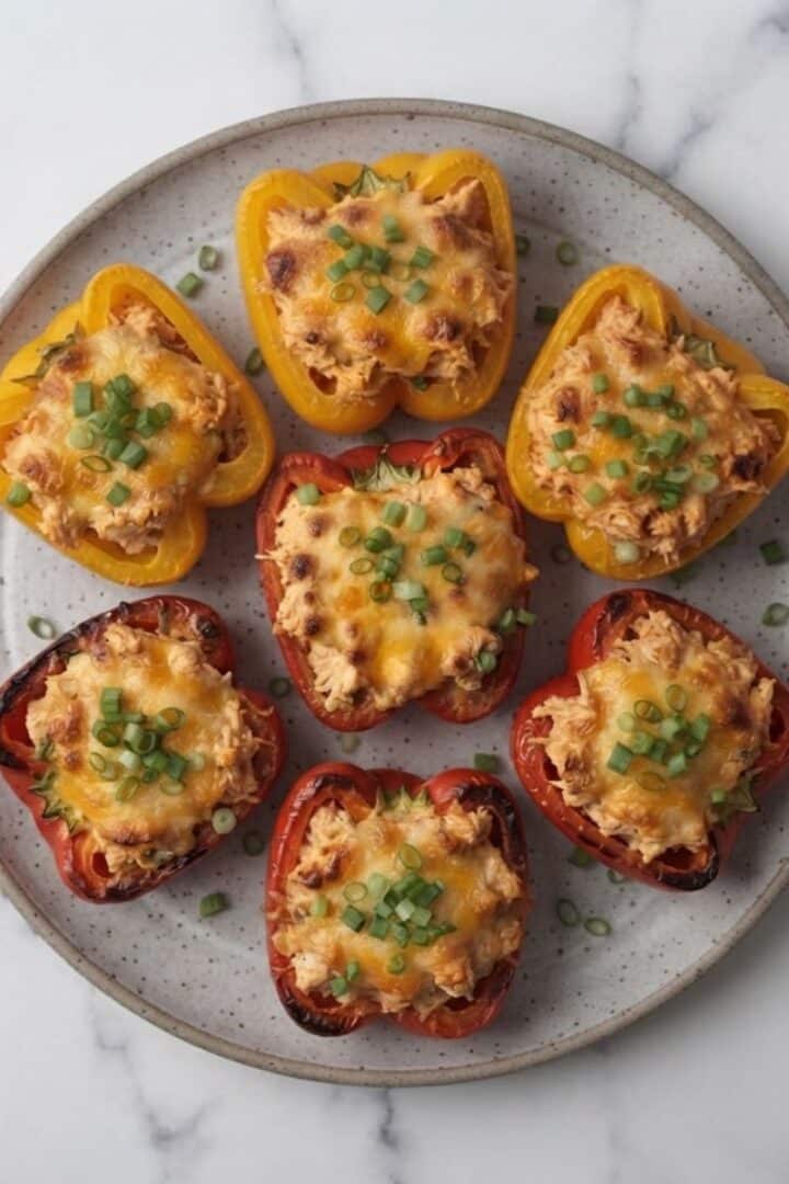 An overhead top-down view of Buffalo Chicken Stuffed Peppers placed on a grey ceramic plate with green onions sprinkled on top of them.