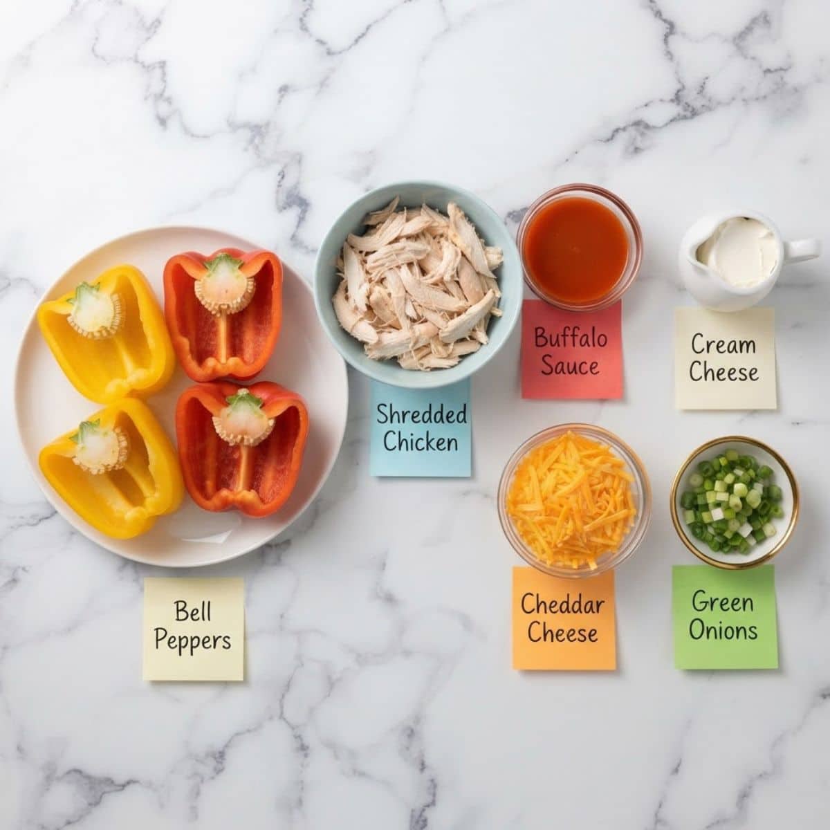 Top-down knolling shot of Buffalo Chicken Stuffed Peppers ingredients on white marble, including bell peppers, shredded chicken, buffalo sauce, cream cheese, cheddar, and green onions, all in various bowls and plates with identifying handwritten sticky notes.
