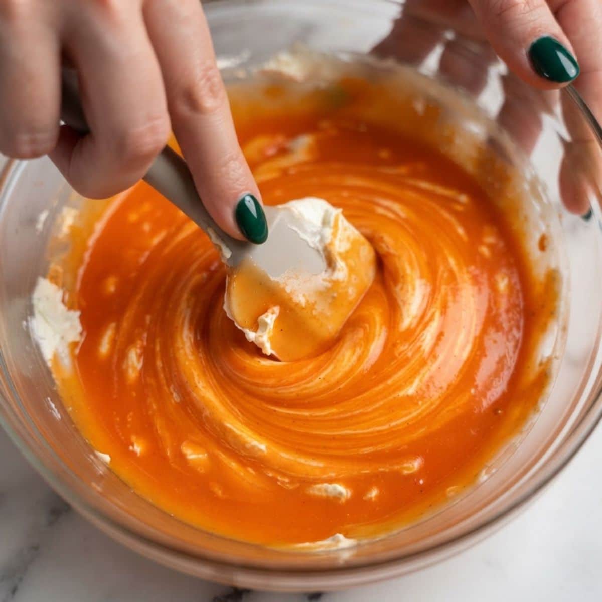 An overhead, extreme close-up, zoomed-in photograph capturing a cooking process step on a baking sheet, taken with an iPhone 17 Pro at f/1.8. A beautiful American woman's hand, featuring soft skin and Dark Emerald Green nail polish, holds a spoon and is generously scooping the creamy buffalo chicken mixture into a pre-roasted bell pepper half remaining on a rimmed baking sheet. The perspective is focused tightly on the filling process, showcasing the textured chicken mixture and the vibrant pepper wall. The background is a rimmed baking sheet on a modern white marble kitchen counter. Soft kitchen island lighting emphasizes the rich, creamy textures and vibrant colors.