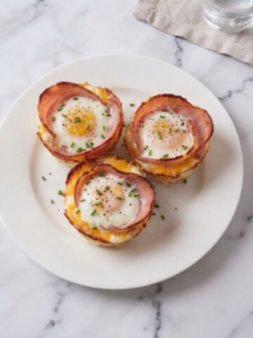 An overhead top-down view of Ham And Cheese Egg Muffin Cups placed on a simple white ceramic plate on white marble kitchen counter.