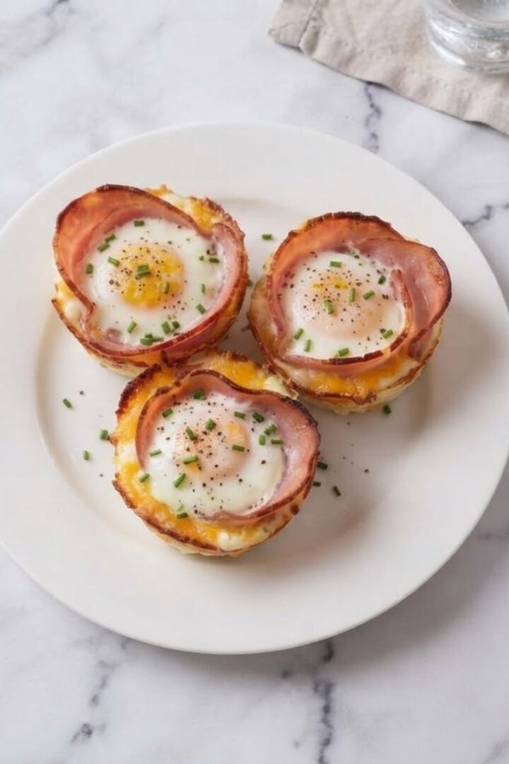 An overhead top-down view of Ham And Cheese Egg Muffin Cups placed on a simple white ceramic plate on white marble kitchen counter.