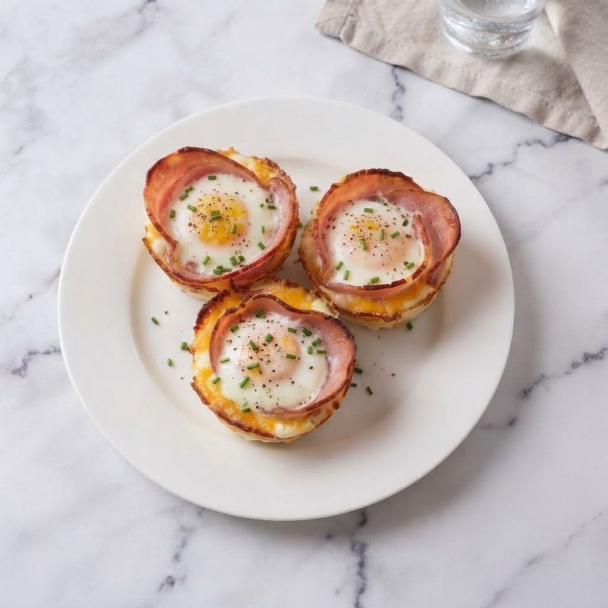 An overhead top-down view of Ham And Cheese Egg Muffin Cups placed on a simple white ceramic plate on white marble kitchen counter.