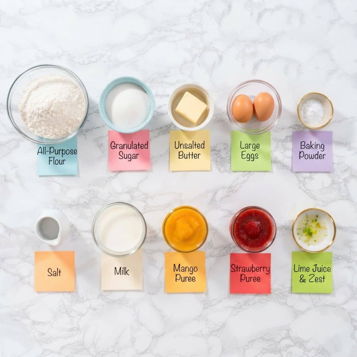 Top-down knolling shot of Strawberry Mango Margarita Cupcakes ingredients on white marble,including flour,sugar,butter,eggs,milk,fruit purees,and lime,all in various bowls and jars with identifying handwritten sticky notes.